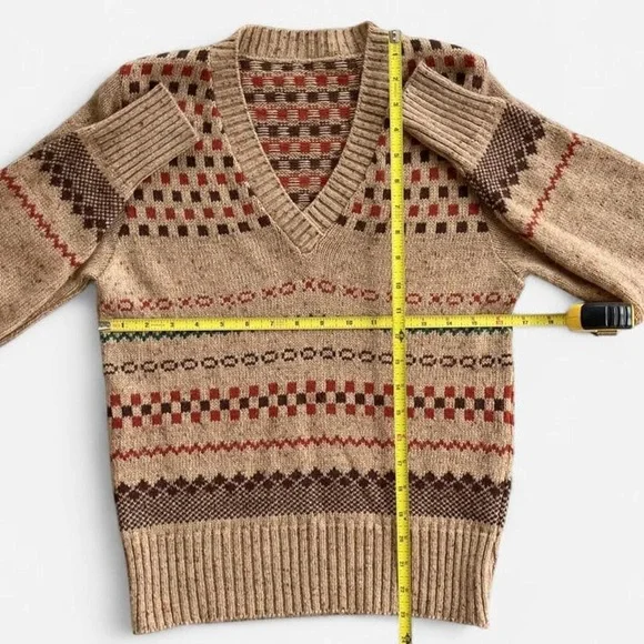 Vintage Sweater & Vest Set Tan Tone Brown Orange Green Checkered Wool Knit 2pc. - Picture 3 of 8